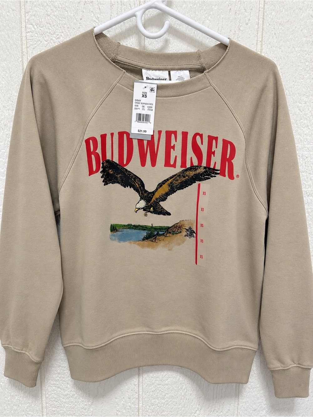 Budweiser Tan Crewneck Sweatshirt with Red Logo and Eagle Graphic